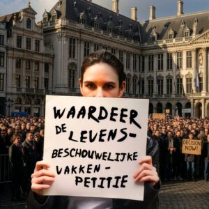 Bescherm LBV-kopieren, plakken, verzenden laat Vooruit ons horen Vrouw houdt een bord vast met de tekst ‘Waardeer de levensbeschouwelijke vakken – petitie’, voor een grote menigte op een plein voor een historisch overheidsgebouw. Mensen achter haar houden protestborden vast.
